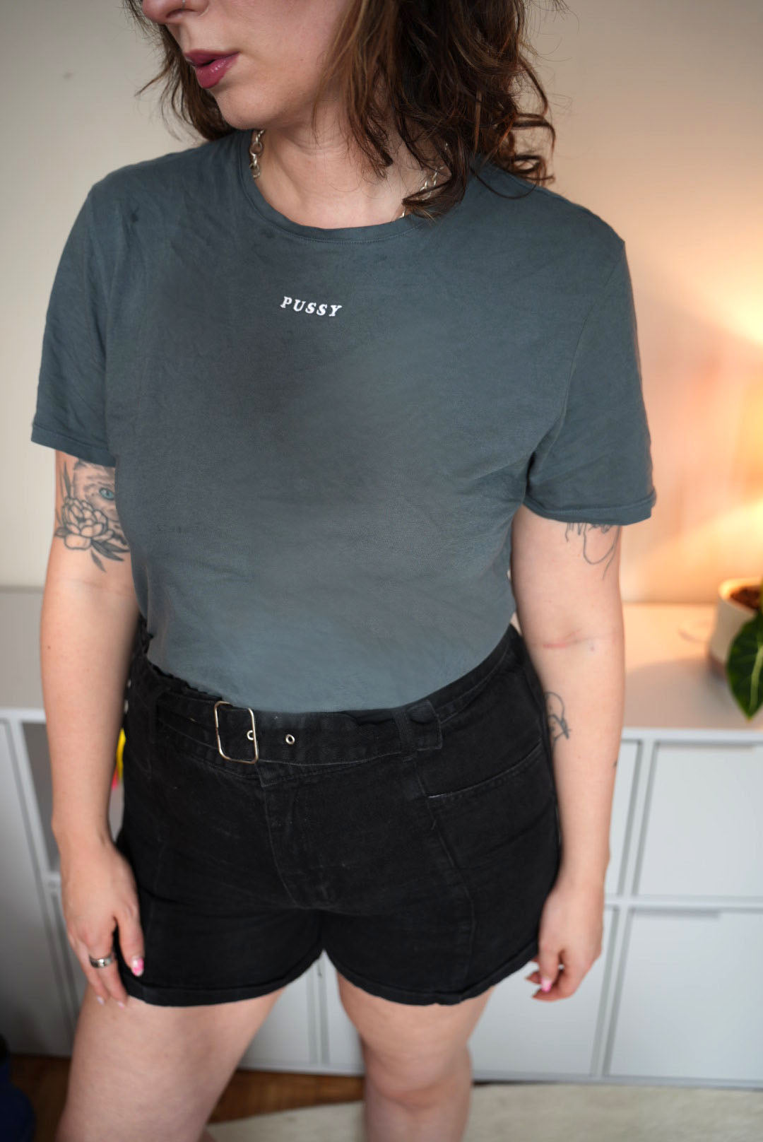 light T-shirt "Pussy", graublau